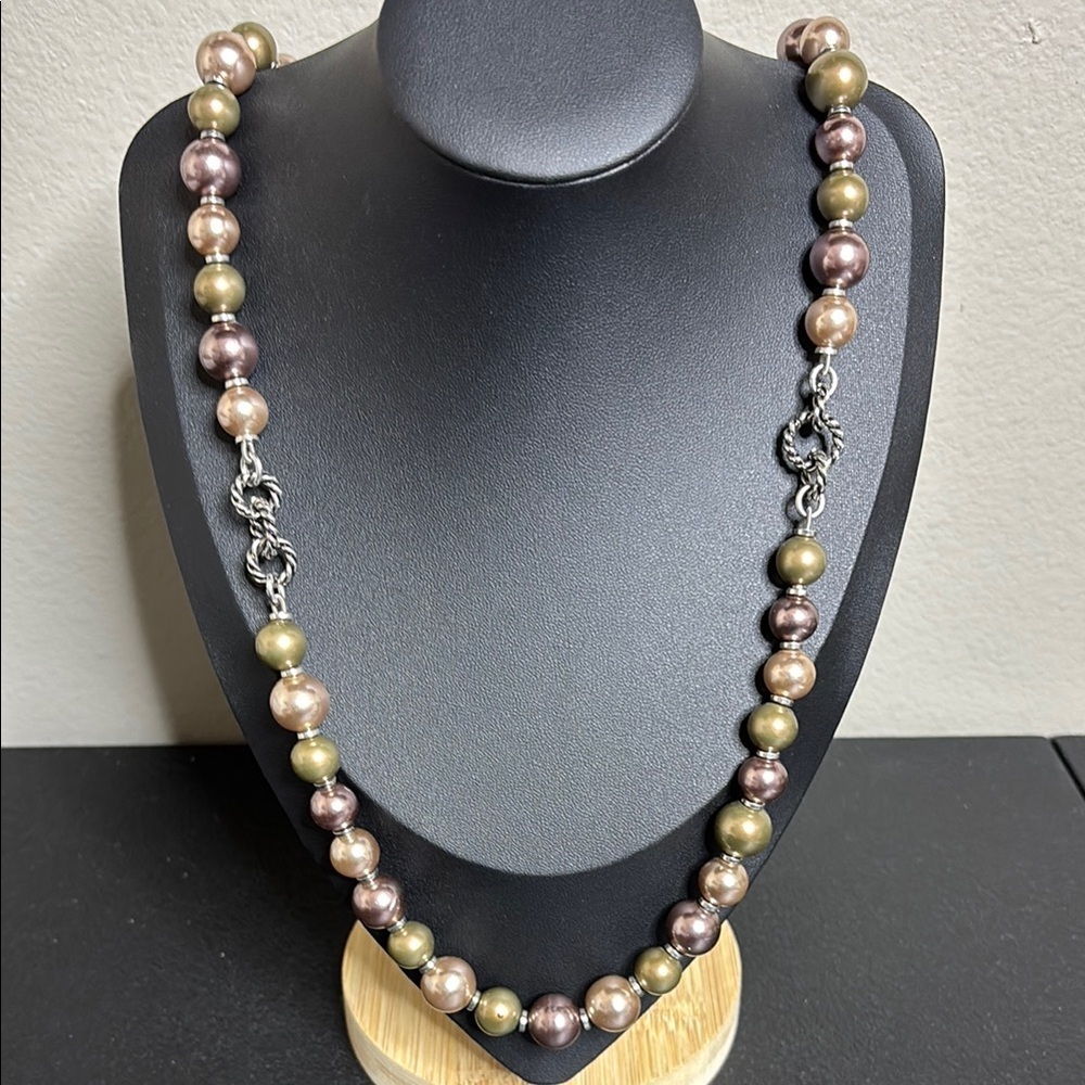 Beaded Neutral Faux Pearl Colors Chain Link Long Necklace Grandma Core